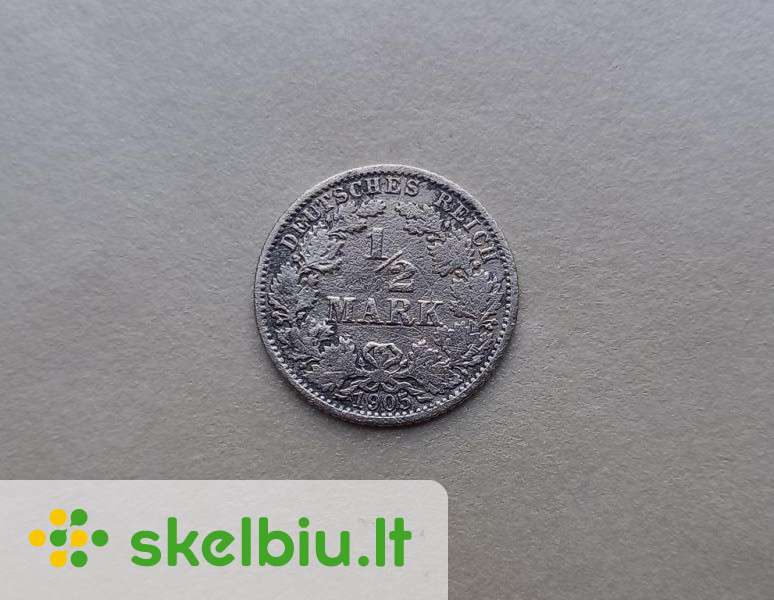 Vokietija Imperija 1905 A 1/2 Markės (sidabras) - Skelbiu.lt