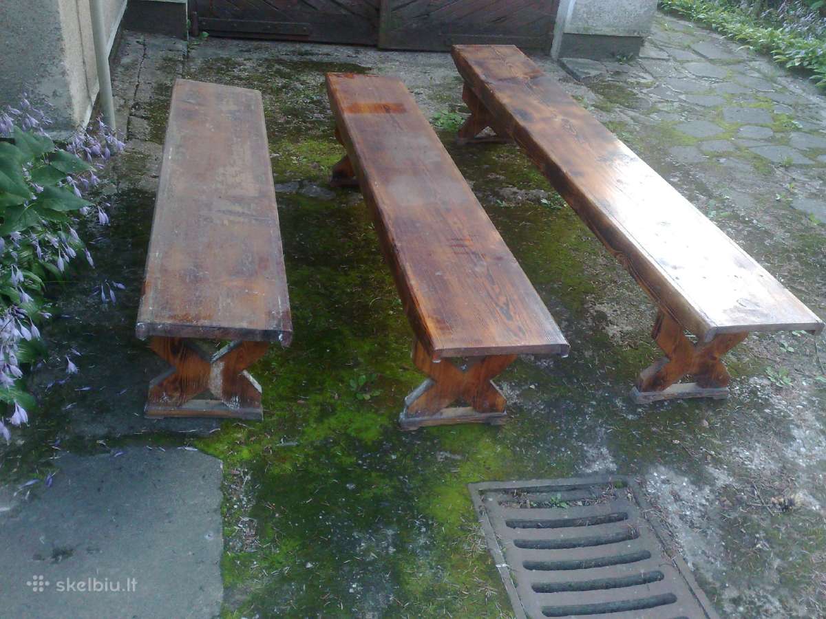 Vintažinis medinis stalas ir 3 mediniai suolai - nuotraukos Nr. 2