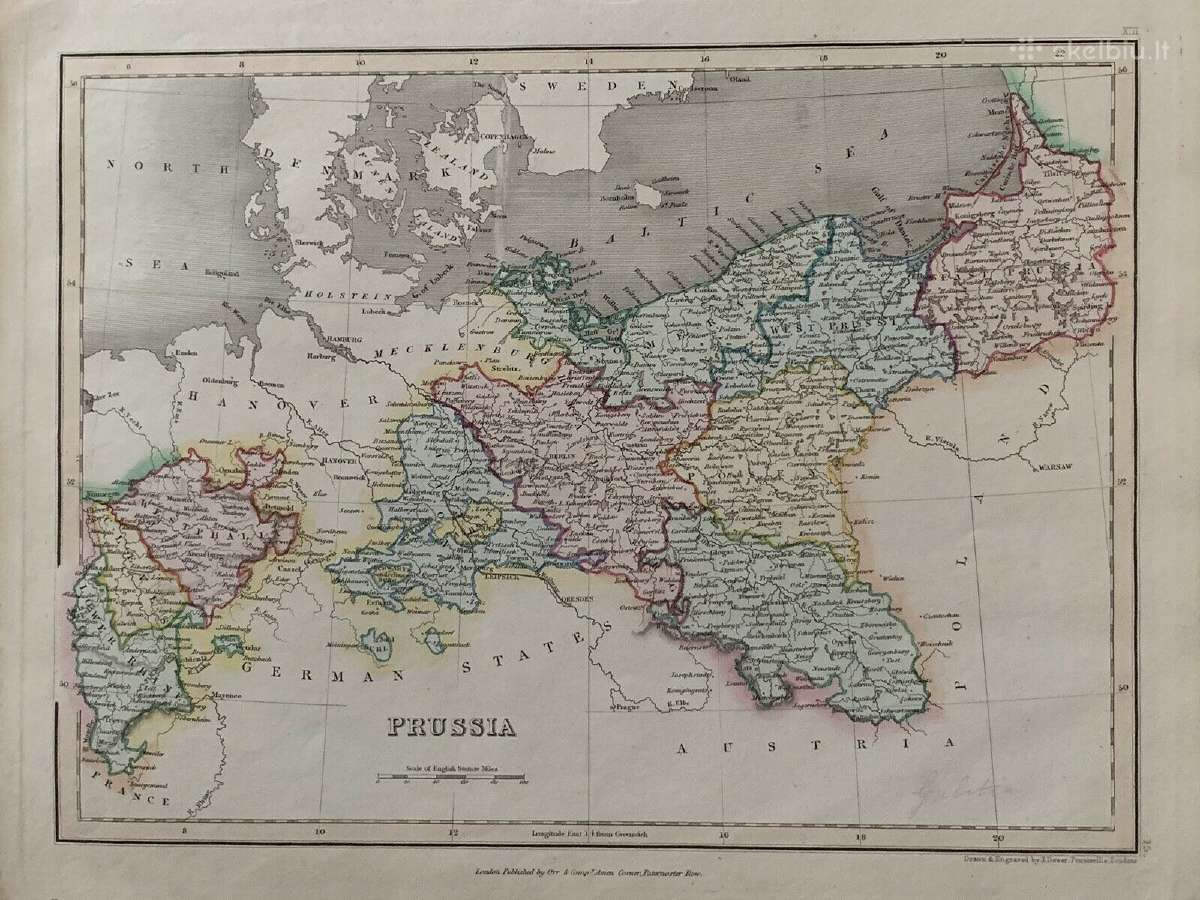 1845 m. originalus Prūsijos žemėlapis