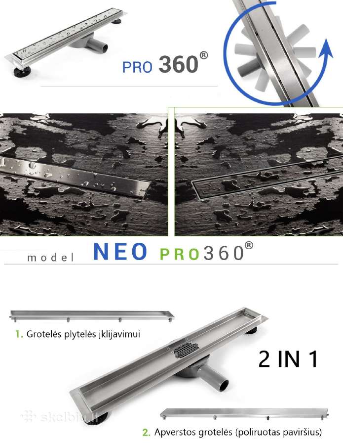 Dušo latakas trapas Pro Drain 360 "Sausas" 2 in 1