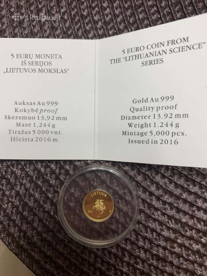 Auksine 5€ moneta iš serijos “Lietuvos mokslas