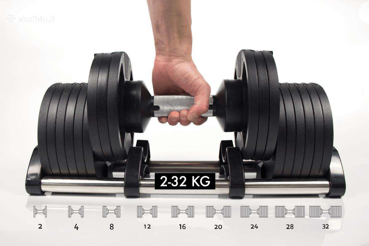 Reguliuojami hanteliai 2x32 kg su stovais - nuotraukos Nr. 3