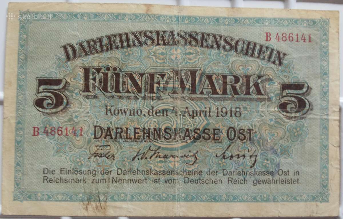 Banknotas 5 Markės Kowno 1918m