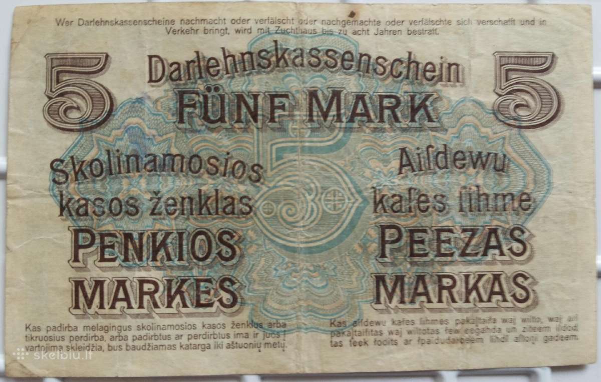 Banknotas 5 Markės Kowno 1918m - nuotraukos Nr. 2