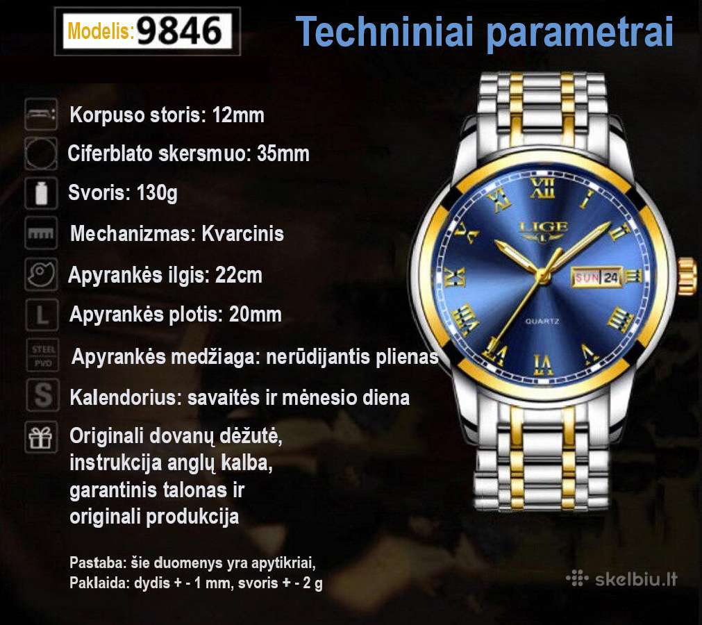 Laikrodis Lige 9846, kvarcinis, atsparus, vyriškas - nuotraukos Nr. 3