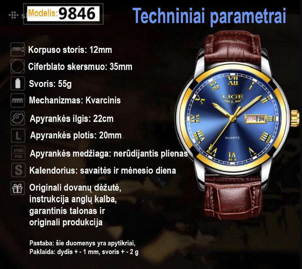 Laikrodis Lige 9846, kvarcinis, atsparus, vyriškas - nuotraukos Nr. 4