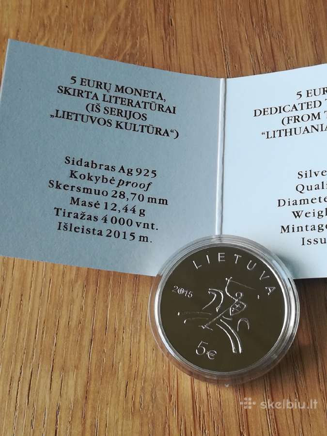 Sidabrinė moneta 5€, skirta literatūrai, 2015 m. - nuotraukos Nr. 4