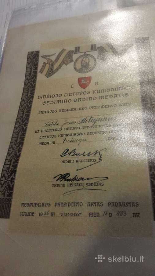 Gedimino 3 laipsnio apdovanojimo dokumentas