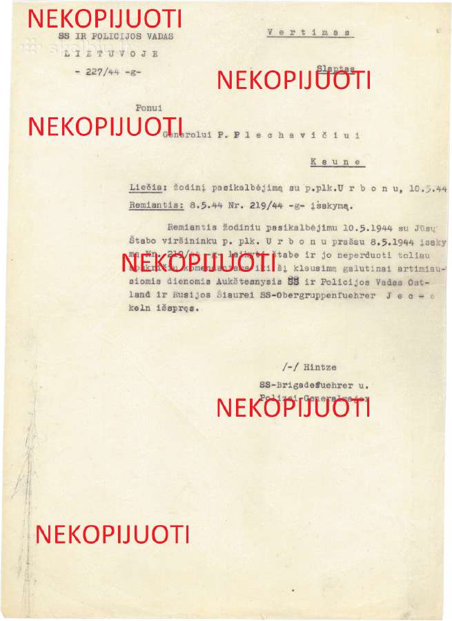 Ss ir Policijos vado rašto Plechavičiui vertimas