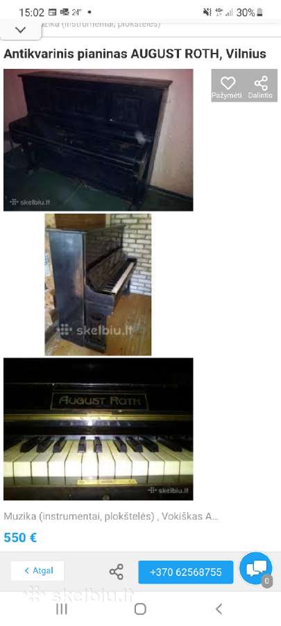 Antikvarinis pianinas, juodos spalvos