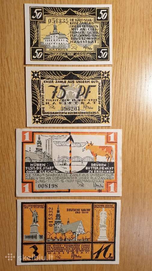 1921 m. Tilžės (Tilsit) banknotų komplektas.