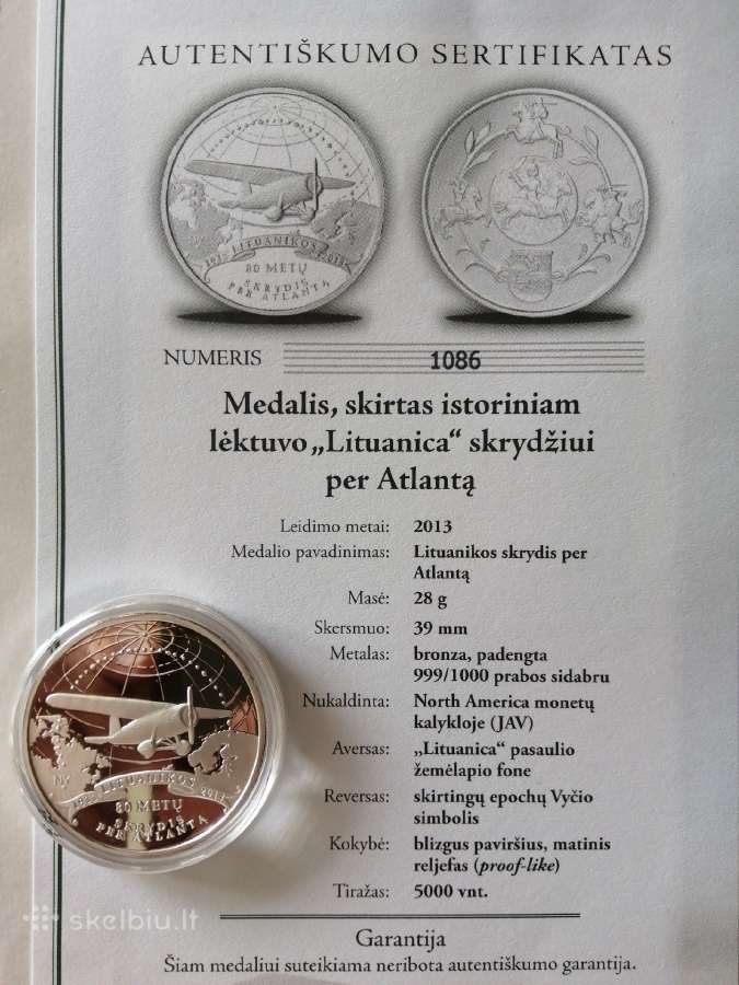 Medalis, skirtas istoriniam lėktuvo „lithuanica“