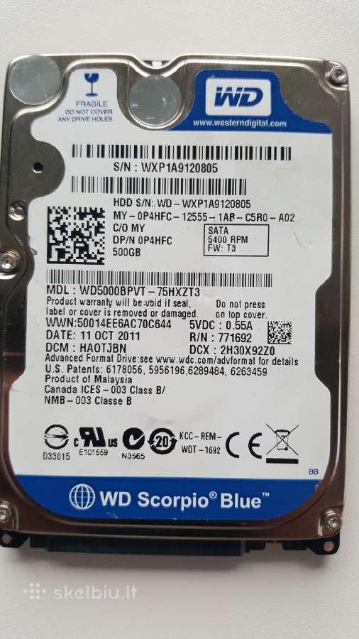 Wd - 500 GB. Gali būti su + - W11/10