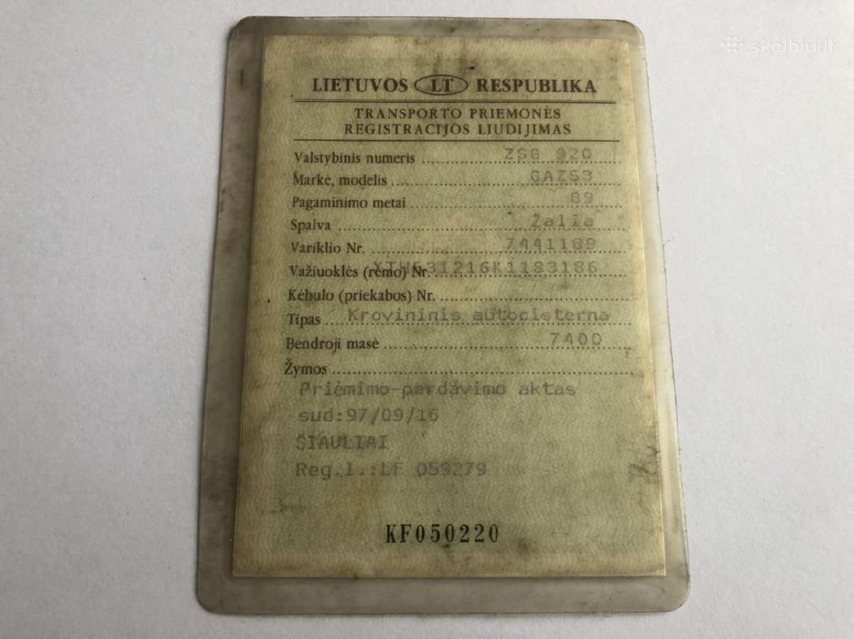 Gaz53 registracijos liudijimas, Imaute "Kaunas"