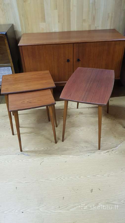 Vintažinių mid century tikmedžio staliukų trio - nuotraukos Nr. 4