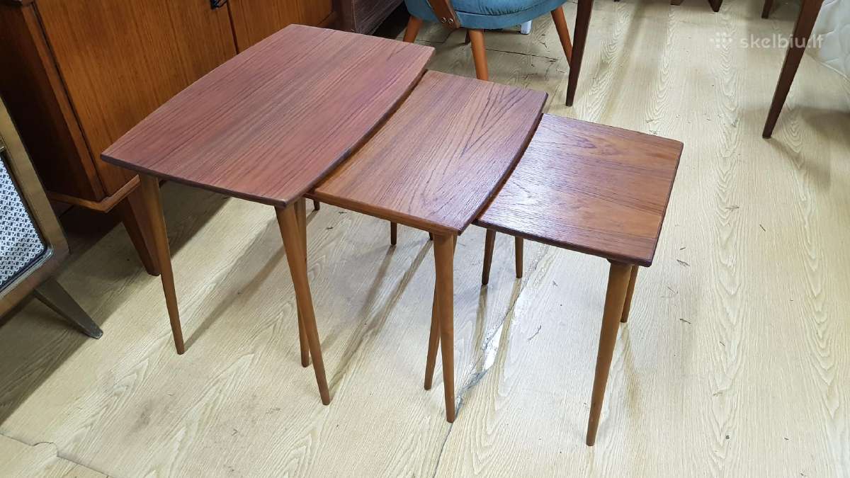 Vintažinių mid century tikmedžio staliukų trio - nuotraukos Nr. 8