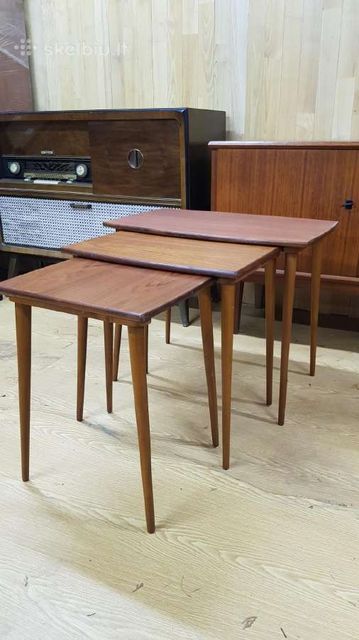 Vintažinių mid century tikmedžio staliukų trio - nuotraukos Nr. 10