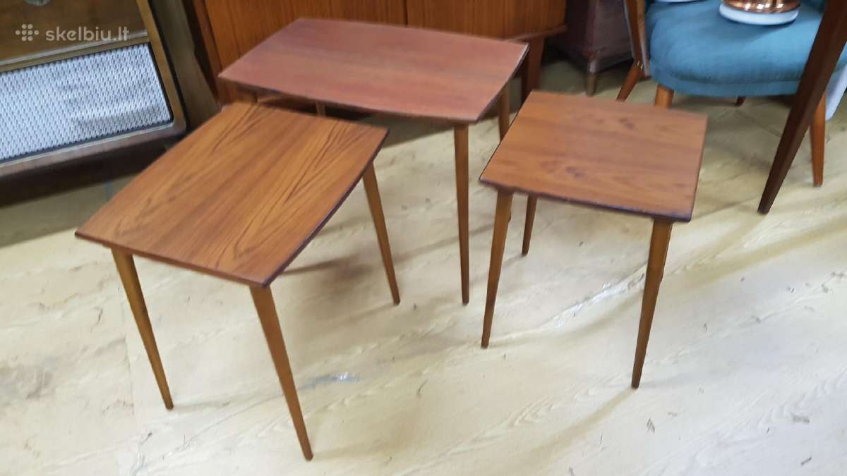 Vintažinių mid century tikmedžio staliukų trio - nuotraukos Nr. 11