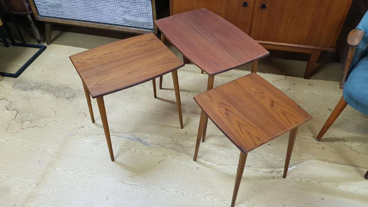 Vintažinių mid century tikmedžio staliukų trio - nuotraukos Nr. 12