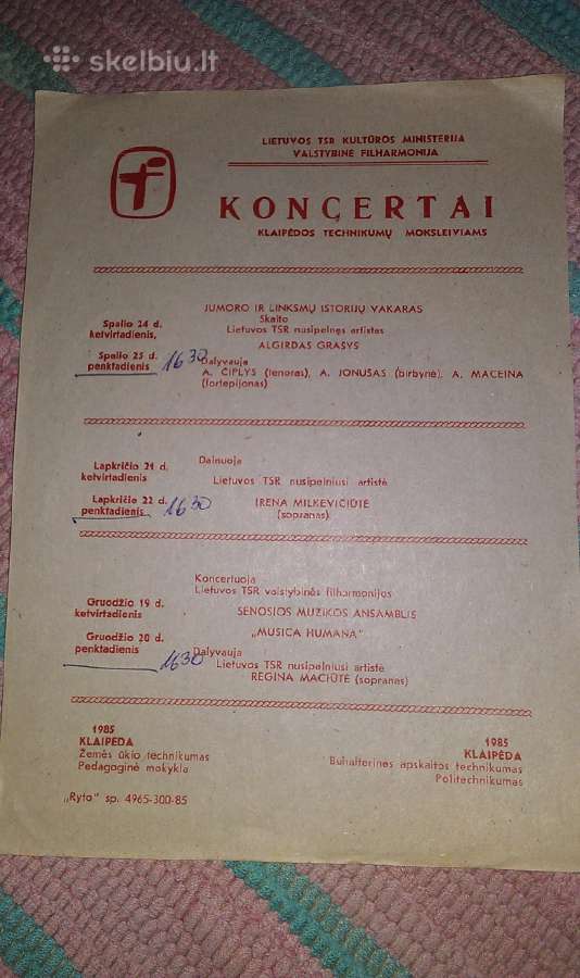 Repertuaras iš 1985 m. koncertai