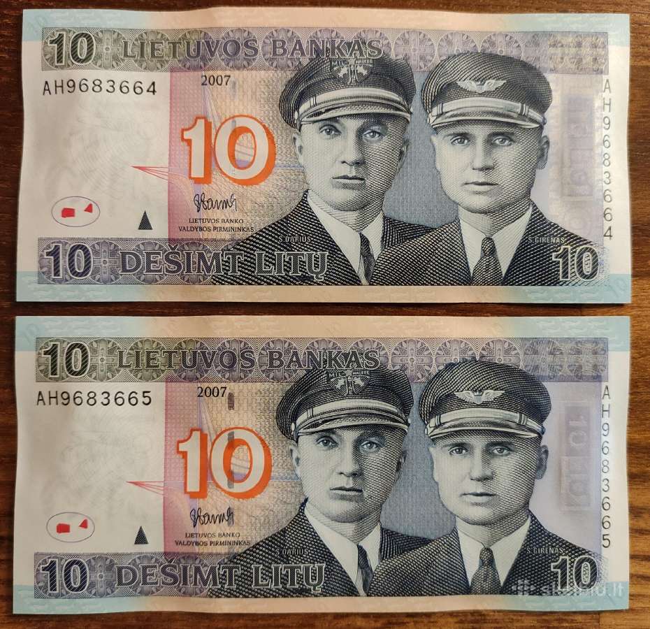 10 Litų 2007 m. 2 vnt Unc kaina už abu