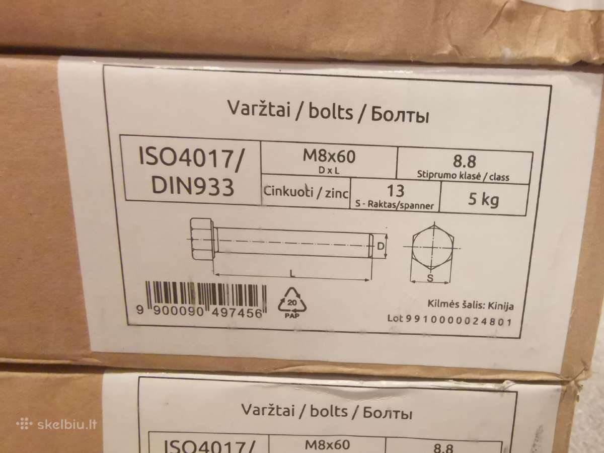 Varžtas M8x 60 mm cinkuotas Din-933 - nuotraukos Nr. 2