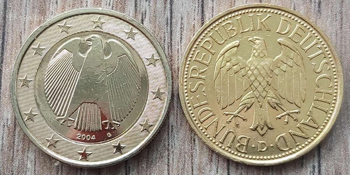 1 € ir 1 marke . Vokietija , auksines spalvos - nuotraukos Nr. 2