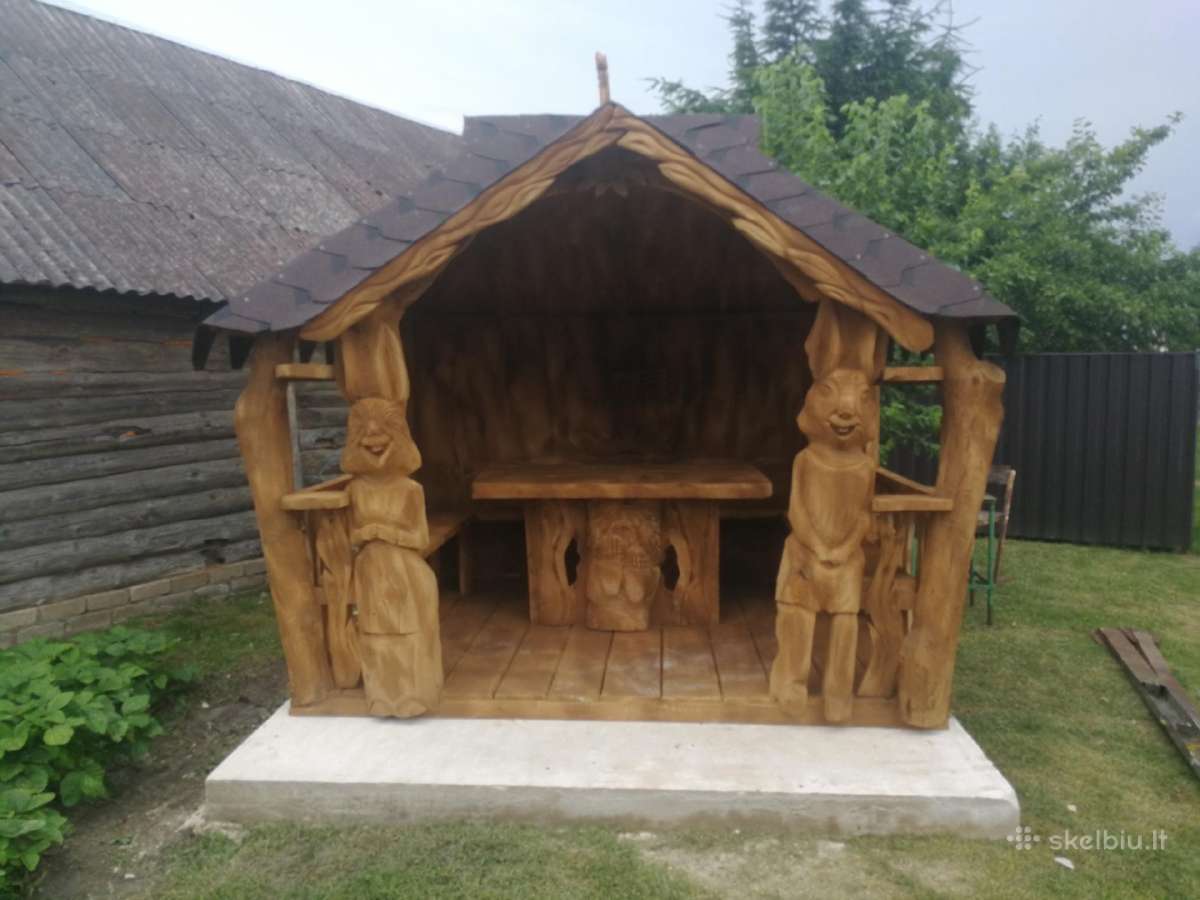 Pavėsinės,šulinio apdaila,mediniai liūtai,paukšiai - nuotraukos Nr. 9
