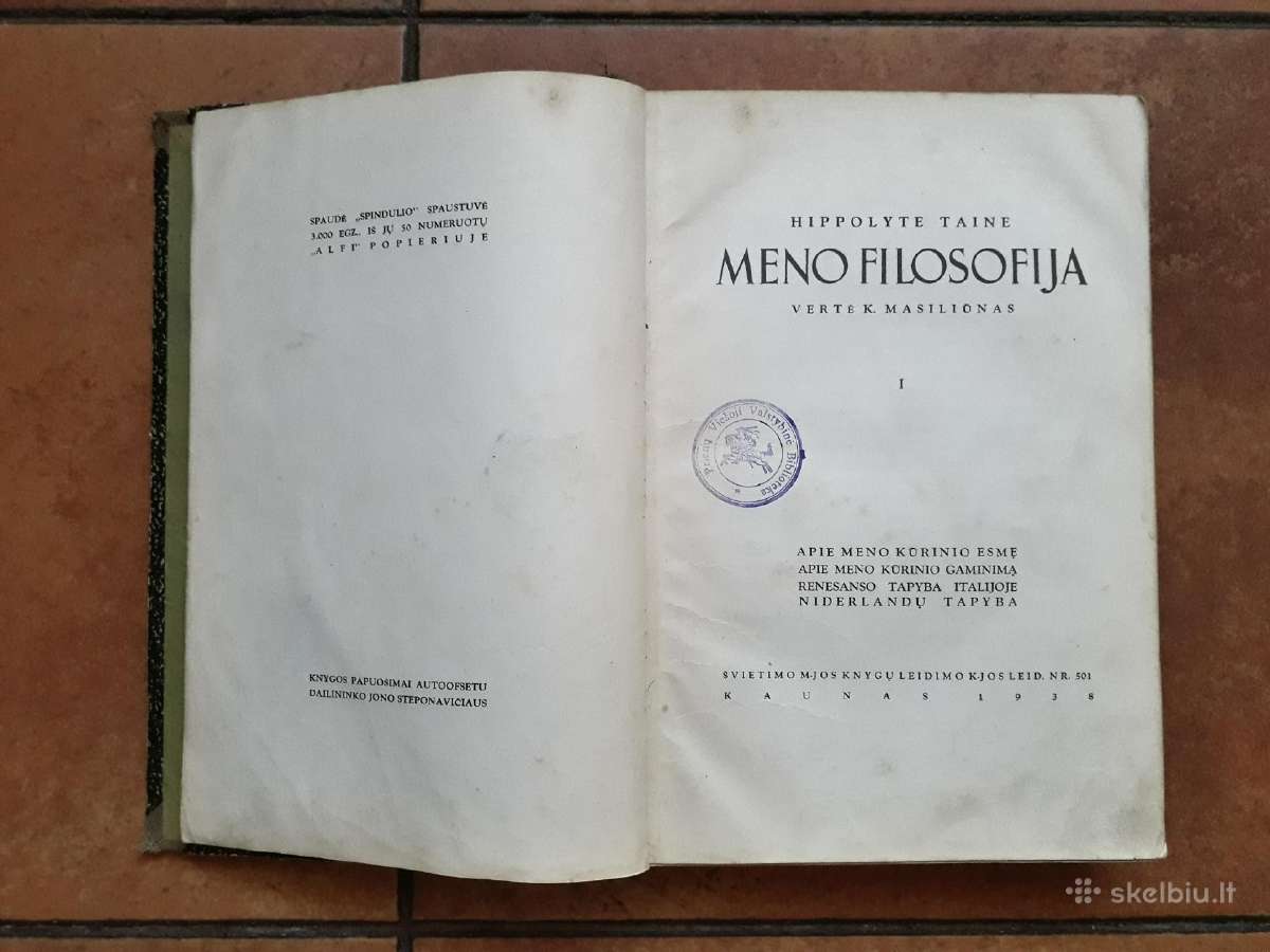 Hippolyte Taine "Meno Filosofija" 1 tomas 1938 m.