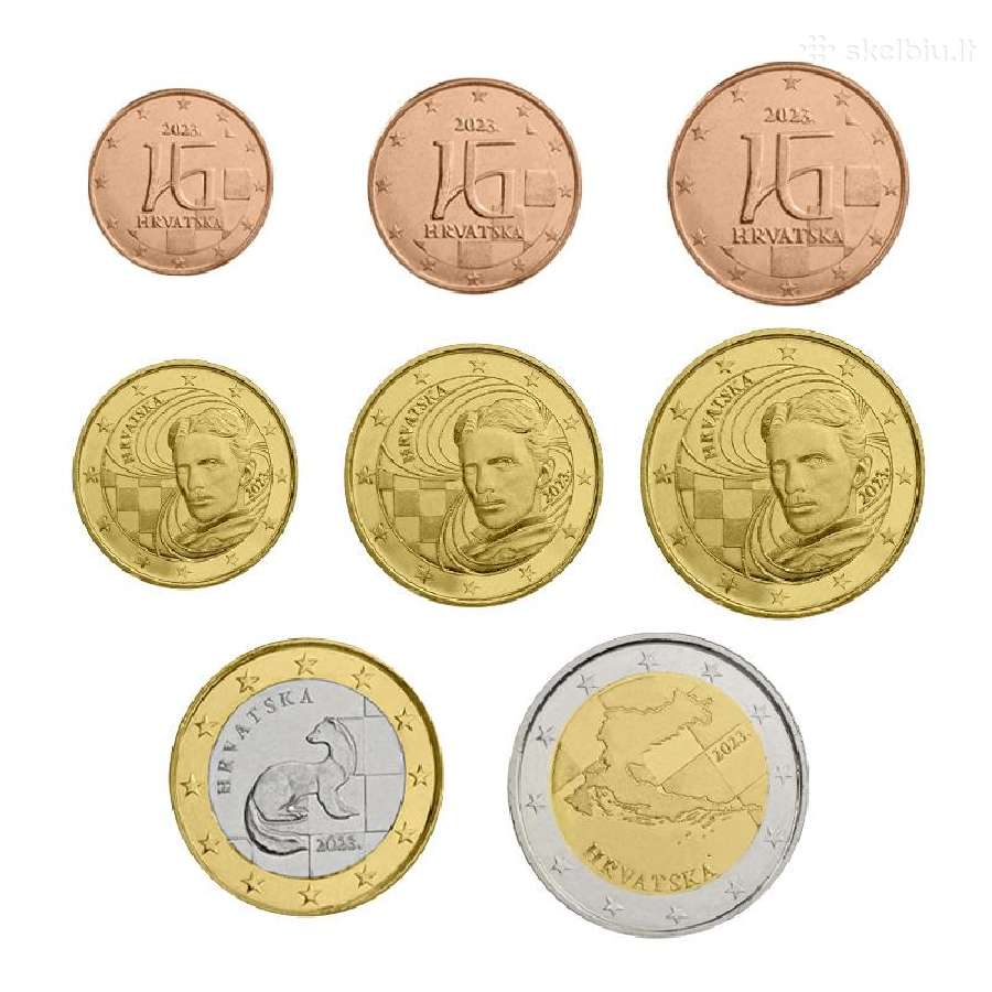 Kroatijos 2023 metu eurai nuo 1 cento iki 2 euru