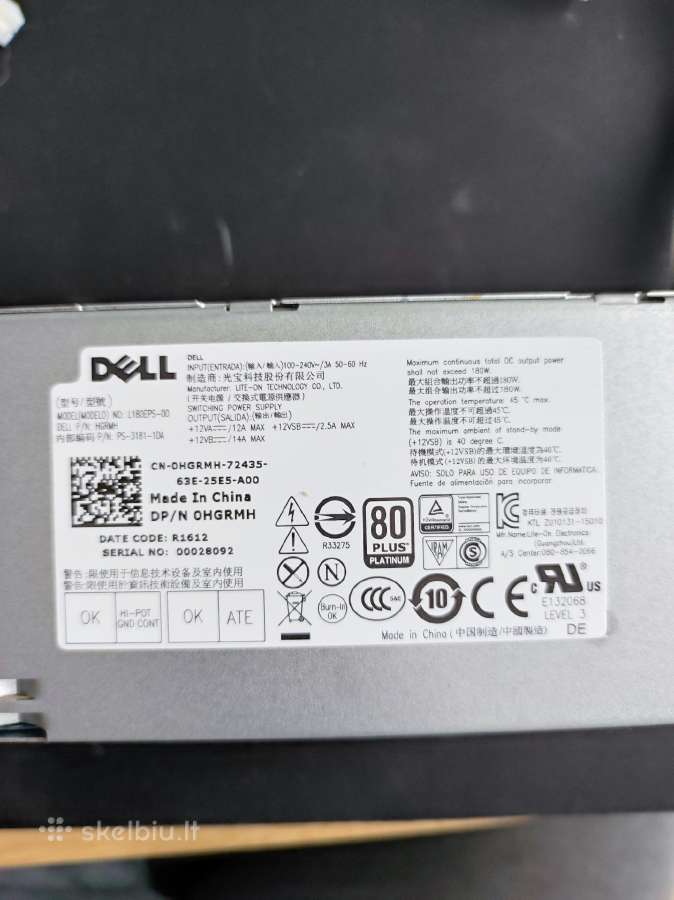 Alimentatore Originale Dell 180W Per Laptop, 19.5V, Nero, Usato In Perfette Condizioni