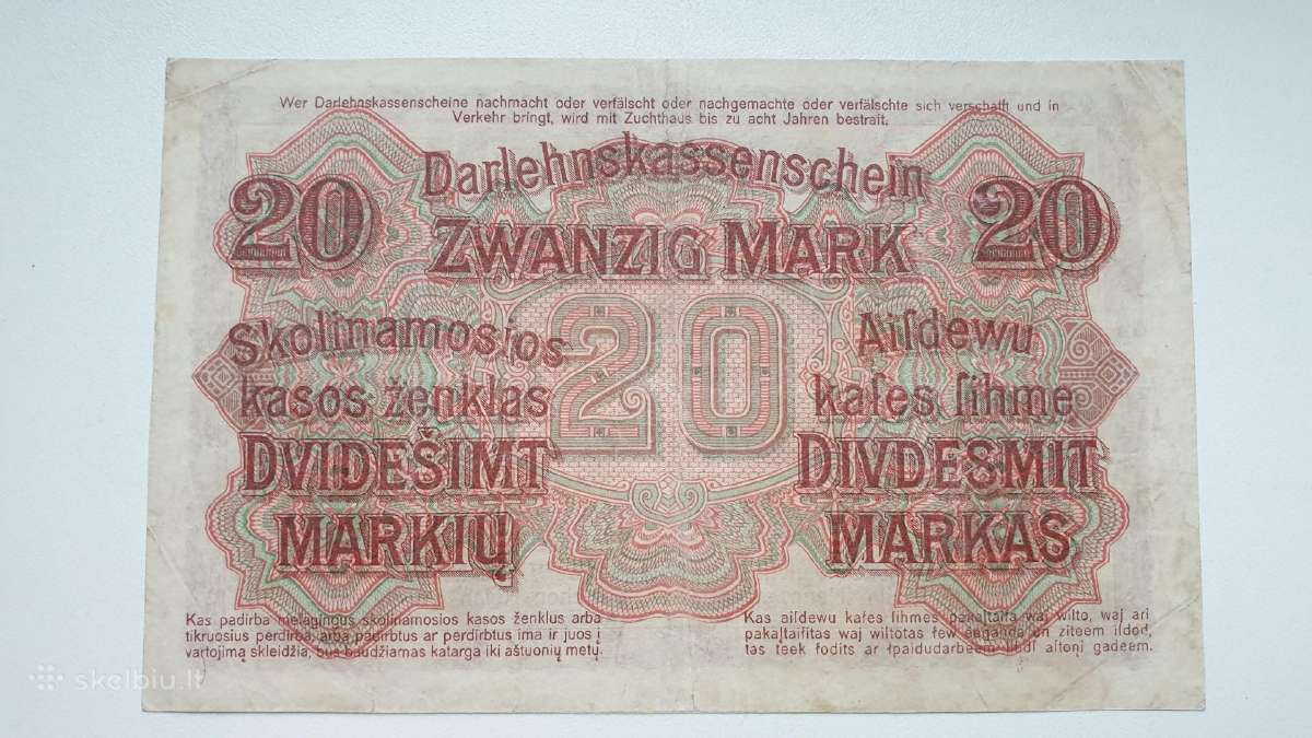 1918 Vokietija Ost Lietuva Lenkija 20 Mark - nuotraukos Nr. 2