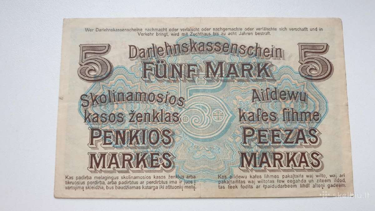 1918 Vokietija Ost Lietuva Lenkija 5 Mark - nuotraukos Nr. 2