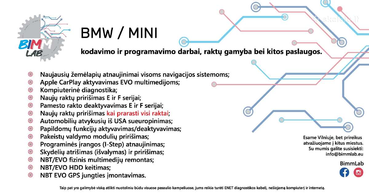 Bmw programavimas / Apple Carplay / Raktų gamyba