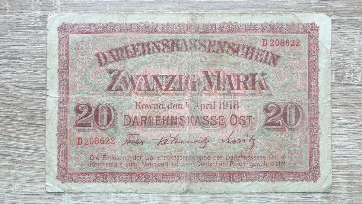 1918 Vokietija Ost Lietuva Lenkija 20 Mark