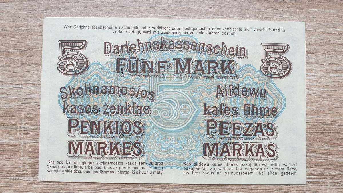 1918 Ost Vokietija Lietuva Lenkija 5 Mark - nuotraukos Nr. 2
