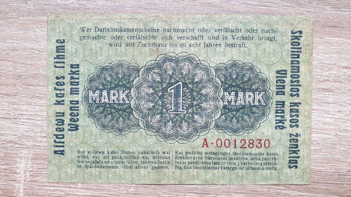 1918 Ost Vokietija Lietuva Lenkija 1 Mark - nuotraukos Nr. 2