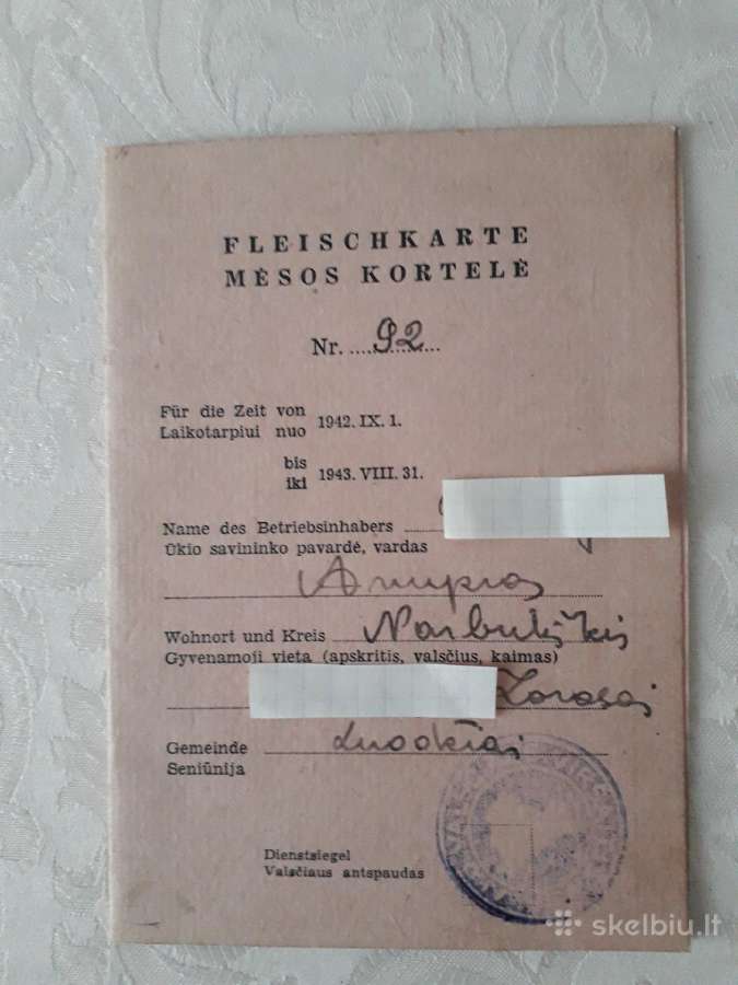 Antikvaras seni dokumentai, mėsos kortelė - nuotraukos Nr. 2