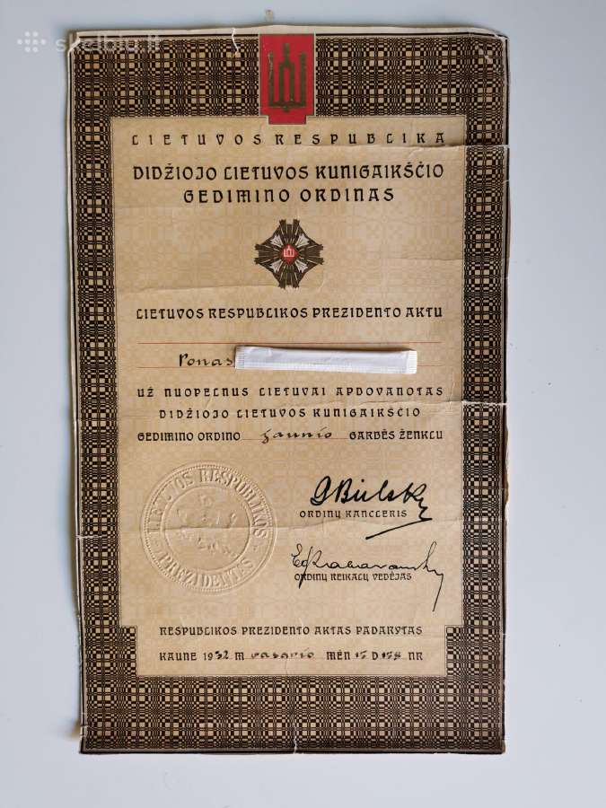 Gedimino ordino apdovanojimo lapas