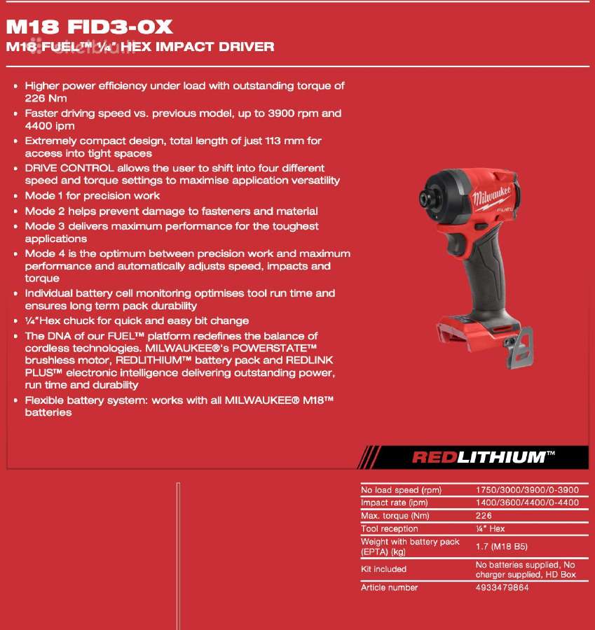 Akum. smūginis suktuvas Milwaukee M18 Fid3, 226nm - nuotraukos Nr. 4