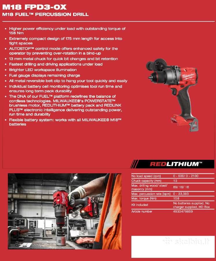 Akum. smūginis gręžtuvas Milwaukee M18 Fpd3, 158nm - nuotraukos Nr. 3