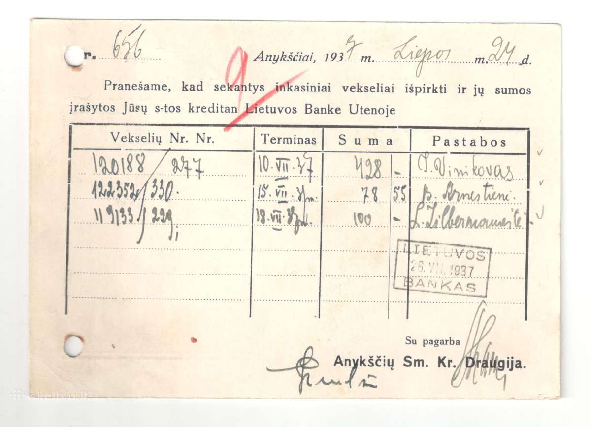 Anykščių smulkaus kredito draug. atvirlaiškis 1937 - nuotraukos Nr. 2