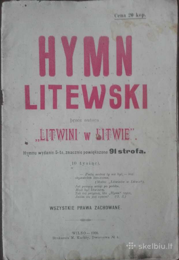 Antikvar Hymn Litewski „Litwini W Litwie“ 1908 m.