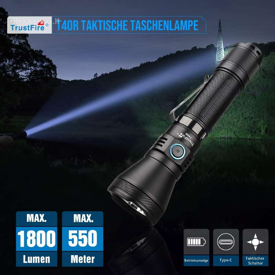 Trustfire T40r, 550 m švietimas, svoris 103 gramai