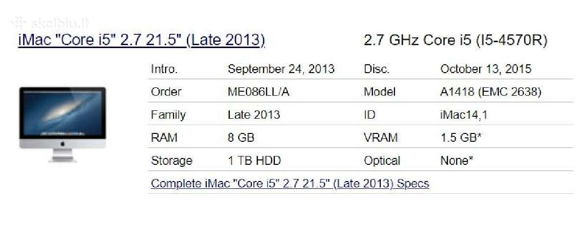 Apple iMac a1418 I5-4570r 21.5 - Skelbiu.lt