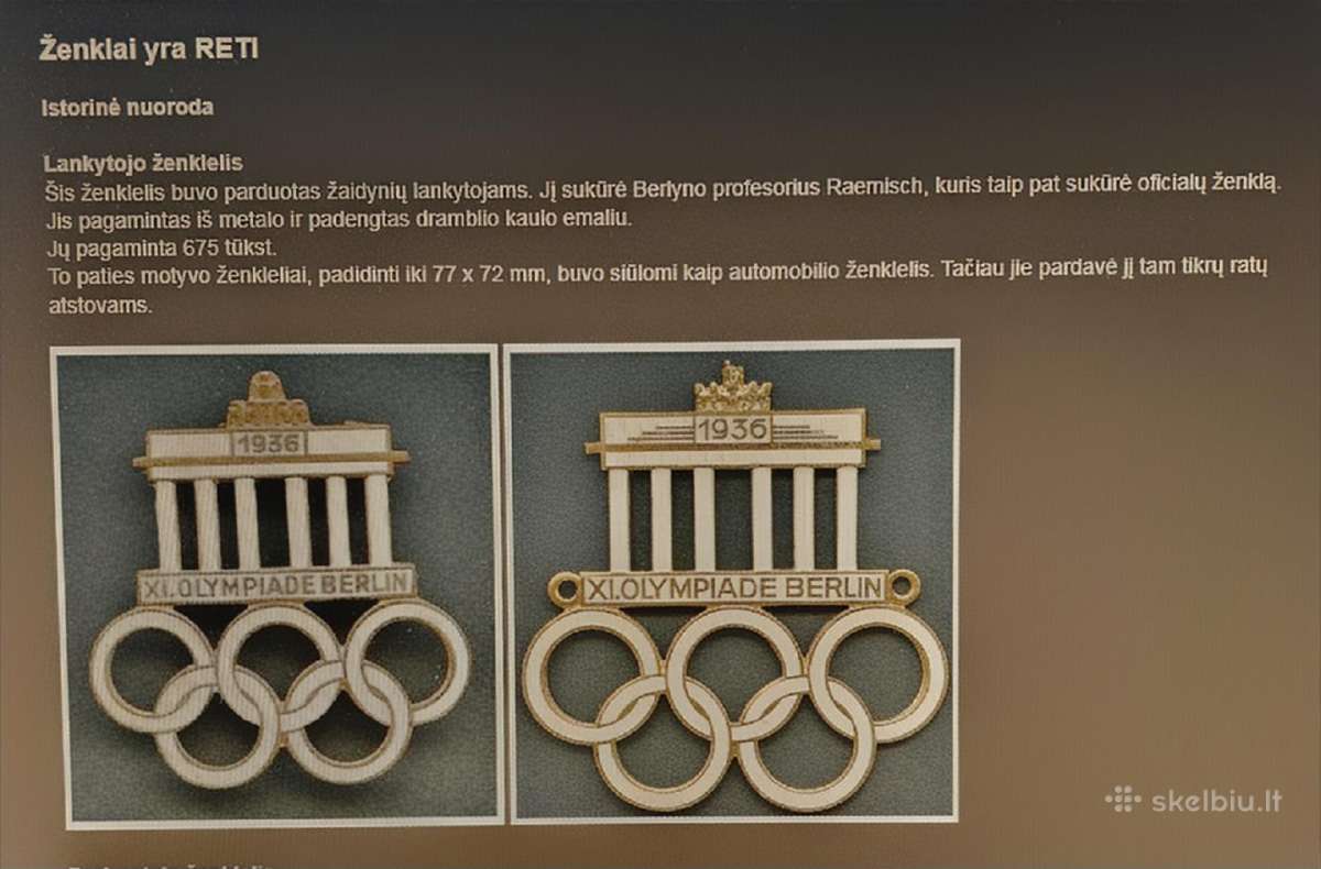 1936m. olimpiados Berlyne ženkliukas. - nuotraukos Nr. 3