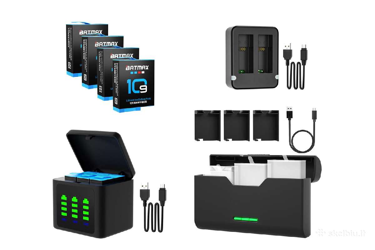 Gopro Hero 13, 12, 11, 10, 9 baterijos, pakrovejai