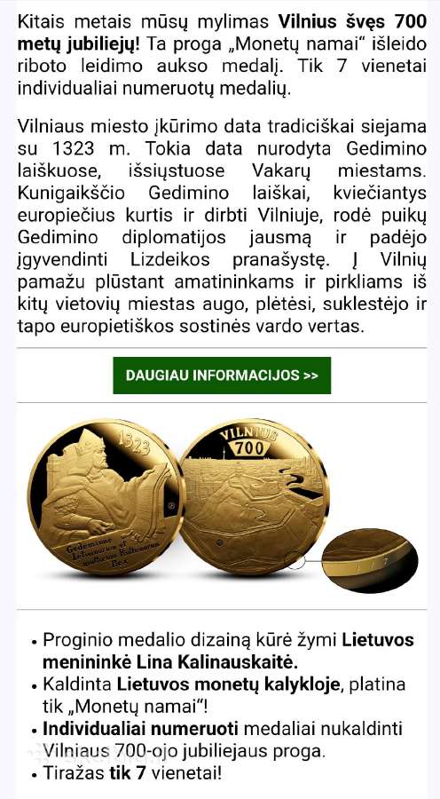 Auksinis medalis Vilniui 700 metu,5 uncijos - nuotraukos Nr. 2