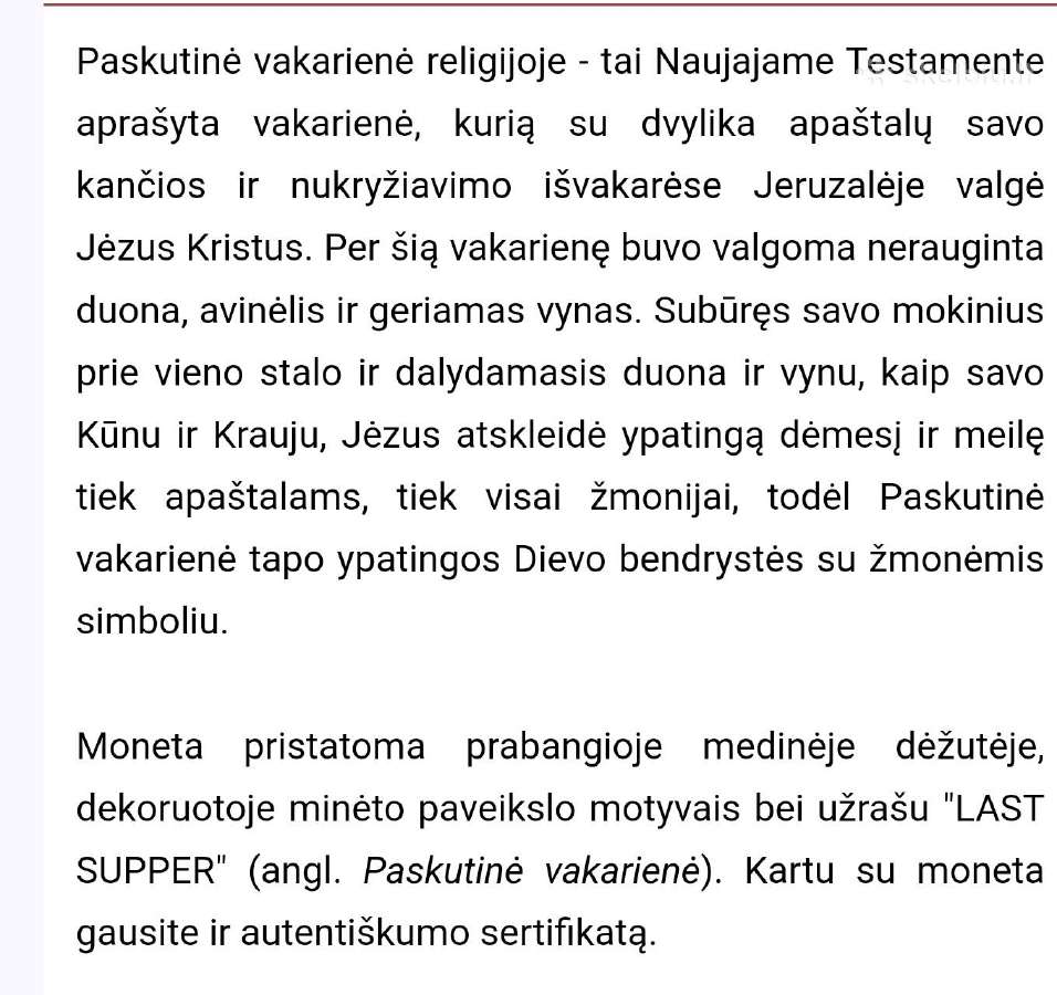 1 kg sidabrinė moneta paskutinė vakarienė. - nuotraukos Nr. 5