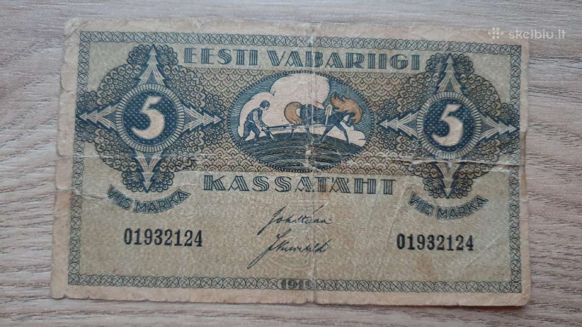 1919 metų 5 kronų Estija retesnis banknotas